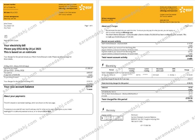France EDF Energy utility bill Word and PDF template, 4 pages 1 2
